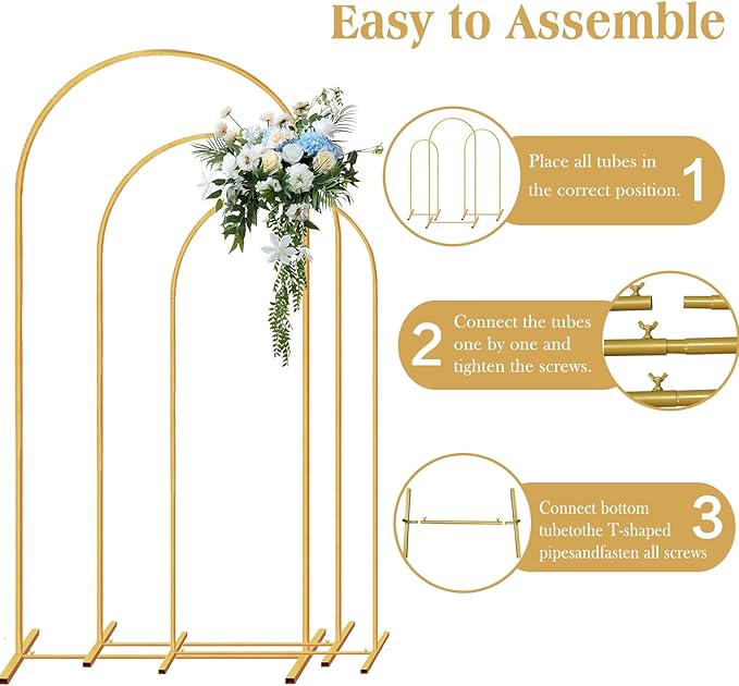 Metal Arch Stand Gold Wedding Backdrop Stand Set of 3 (7.2FT,6.6FT,6FT)Arched Frame for Birthday Party Baby Shower Graduation Ceremony Decoration (gold)