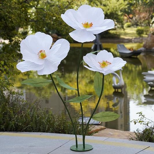 Large Paper Artificial Flowers,Giant Flowers for Decoration,Huge Handcrafted Poppy Fake Flowers with Stand for Home Decor Bridal Shower Party Outdoors Yard Event Backdrop Decor (White)