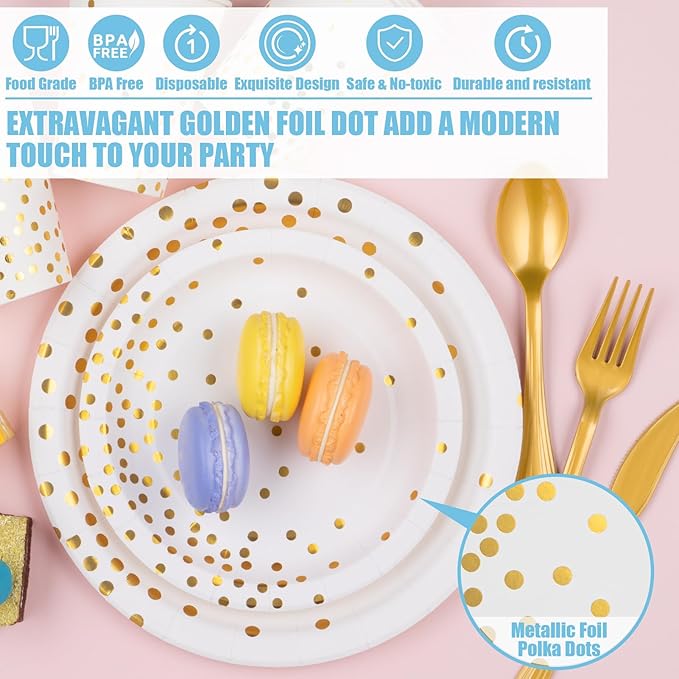 White and Gold Party Supplies, 350PCS Disposable Dinnerware Set w/White Paper Plates Napkin Cups Plastic Forks Knives Spoon for Women Men Birthday Easter Retirement Engagement Graduation Decorations