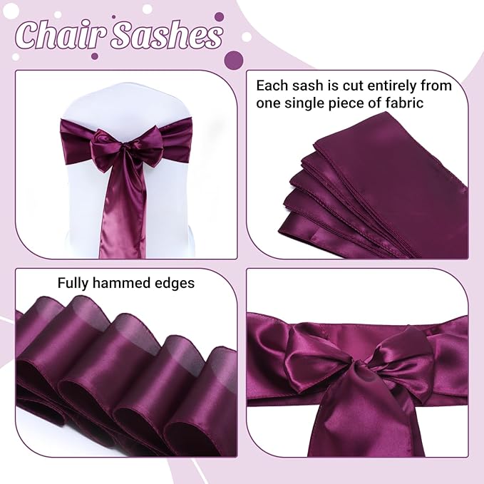 VDS Satin Chair Sashes Chair Cover Back Tie Sateen Bows Ribbon for Wedding Birthday Graduation Engagement Ceremony Event Party Banquet Venue Hotel All Dining Chair Decoration (125PC) (Eggplant)