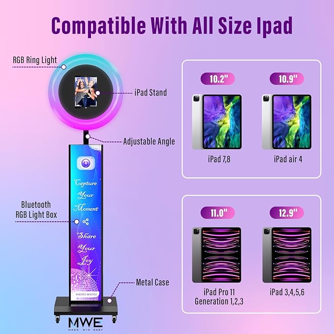 Photo Booth Machine Compatible with Ipad 12.9in 11in 10.9in 10.2in, Photo Booth Machine with Software APP Control,Music Sync,Free Custom Logo,Flight Case,for Parties,Wedding,Events(Black)