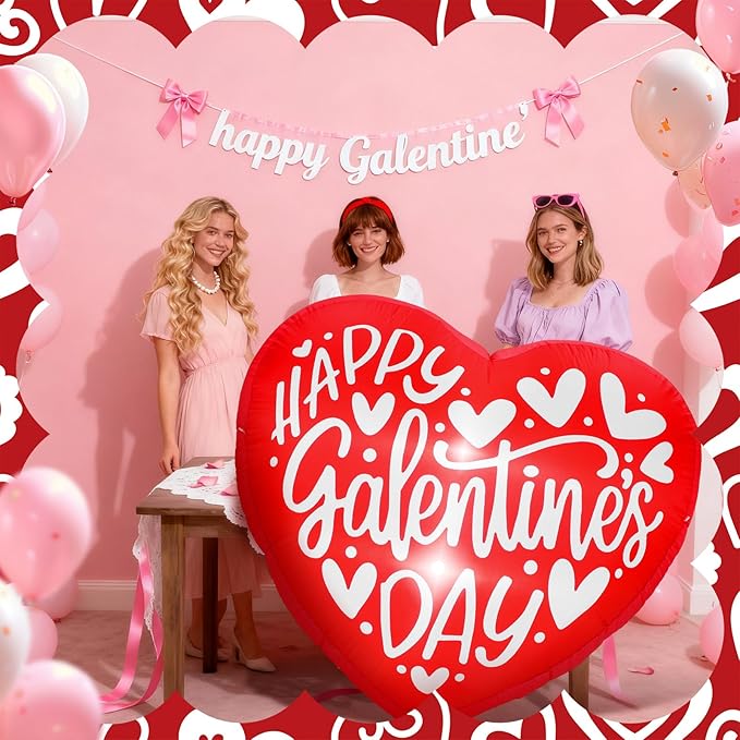 VIHOSE Happy Galentines Day Inflatables Decorations 4.3 ft Pink Galentines Day Blow up Decor Heart LED Lights Inflatable Decor for Ladies Girls Friends Valentine Party Photo Props