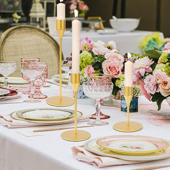 Matte Gold Candle Holders Bulk Painted Gold Metal Candlesticks Fit 0.8 Inch Taper Candles Decorative Metal Candelabra for Wedding Home Holiday Anniversary Party Dinning Table Decors (Set of 15)