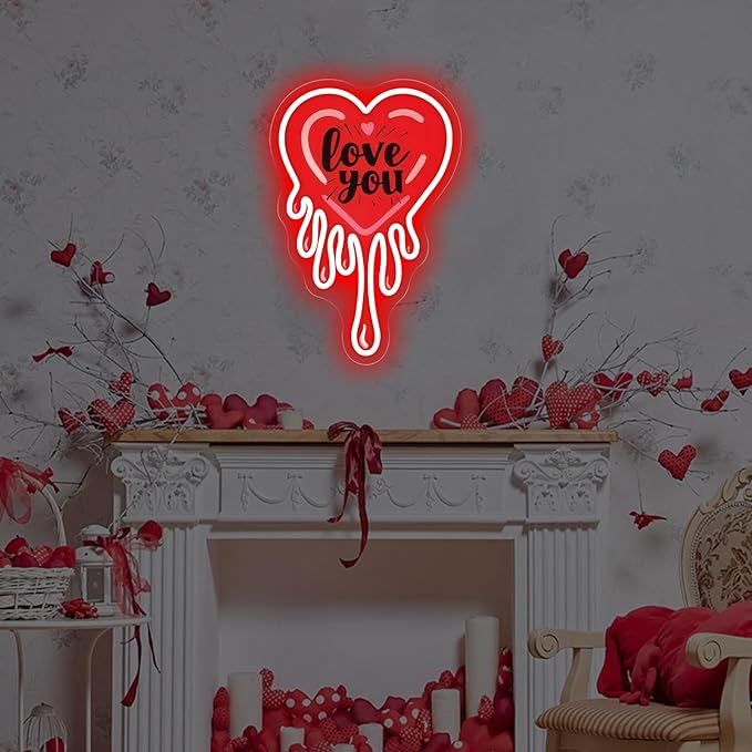 Love You Dripping Heart Neon Sign, Red Melting Heart UV Printed LED Light for Bedroom, Living Room, Valentine's Day Party Wall Art, Romantic Home Decor, Couple Gift 10″ × 15″