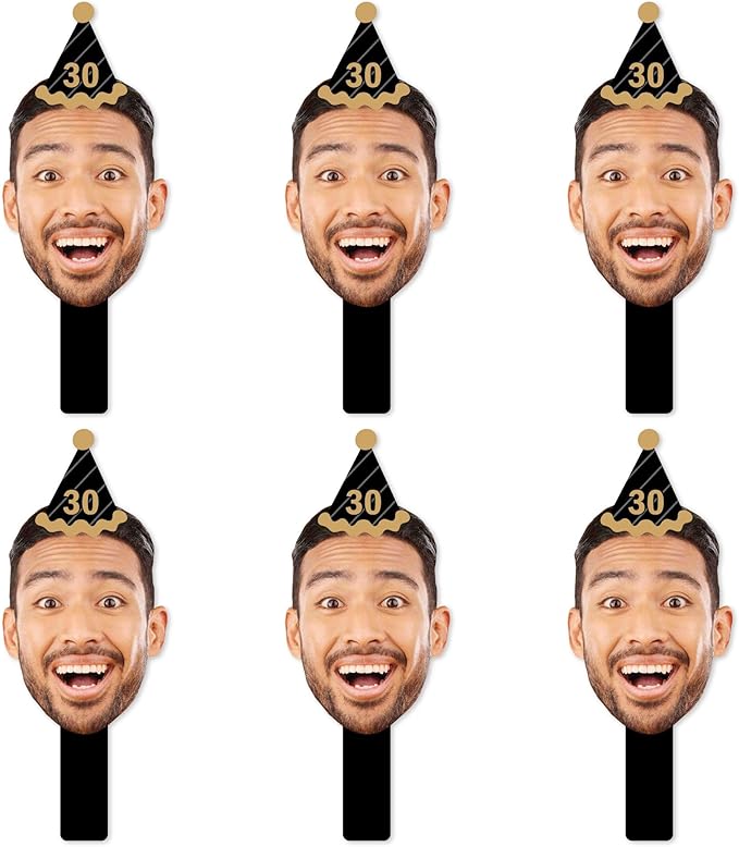 Big Dot of Happiness Custom Photo Adult Happy Birthday - Gold - Birthday Party Head Cut Out Photo Booth and Fan Props - Fun Face Cutout Paddles - Set of 6