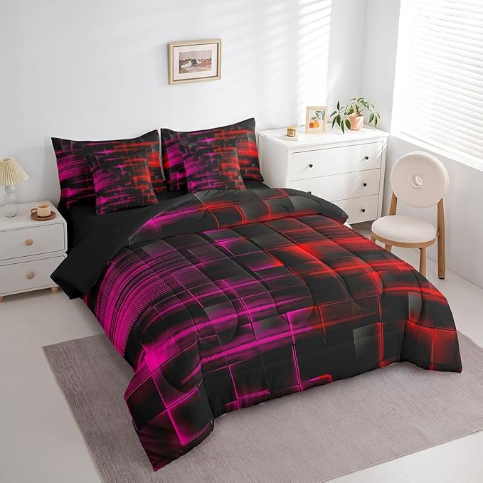 Feelyou Red and Rosered Comforter Set with Sheets 7 Piece Twin Size Kids Geometric Bed in a Bag Strip Lines Bedding Set Abstract Art Bed Set with Comforter, Sheets,Pillowcases,Cushion Covers