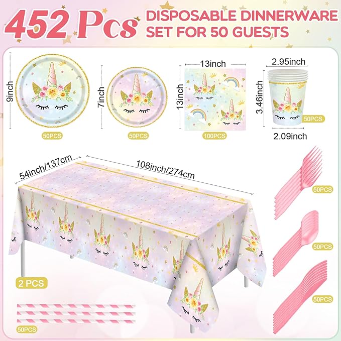 452 Pcs Unicorn Themed Birthday Party Decorations Include Unicorn Paper Plates Napkins Cups Tablecloth Cutlery Straws Rainbow Pastel Theme Party Supplies for Birthday Decorations