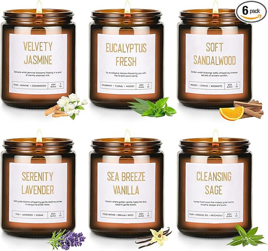 Scented Soy Candles Set for Women - 6 Pack 42oz 300Hour Candle for Home Scented, Lavender Vanilla Eucalyptus Sage Jasmine Sandalwood Candle for Spring Summer, Natural Soy Wax Aromatherapy Candles ﻿