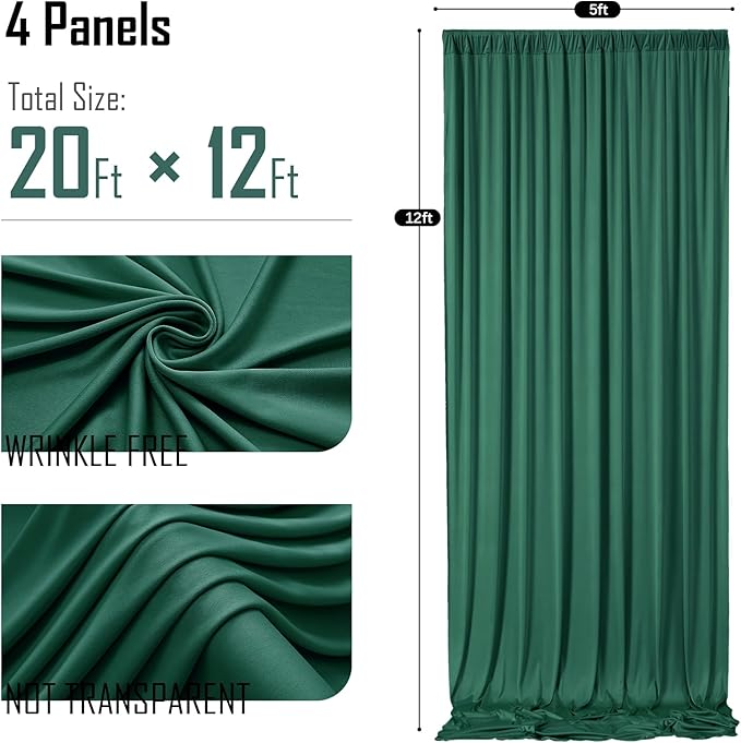 gogoparti 20x12ft Hunter Green Backdrop Curtain for Wedding Parties, 4 Panels (5x12 ft Each) Wrinkle-Free Dackdrop Curtains, Silky Draping Fabric for Birthday Party, Baby Shower, Photo Background