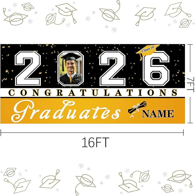 Custom Photo Graduation Garage Door Banner Personalized 2026 Grad Banner 7x16ft Porch Door Sign Decoration Outdoor Photo Booth Backdrop Party Supplies(Yellow)