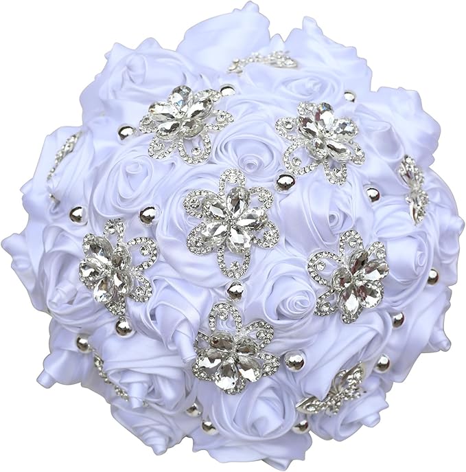 Bridal Wedding Bouquet for Bride Bridesmaid Wedding Quinceanera Throw Toss Artificial Rose Flower Bunch with Bling Brooch (AS#White, Medium (Dia. 8.7"/22cm))
