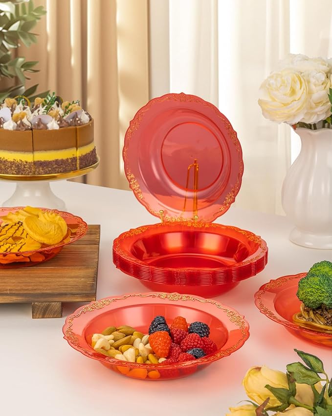100 Pack Clear Red Plastic Bowls with Gold Rim, 12oz Plastic Salad Bowl, Disposable Bowls for Party, Dinners, Weddings, Christmas, Thanksgiving, Valentine's Day