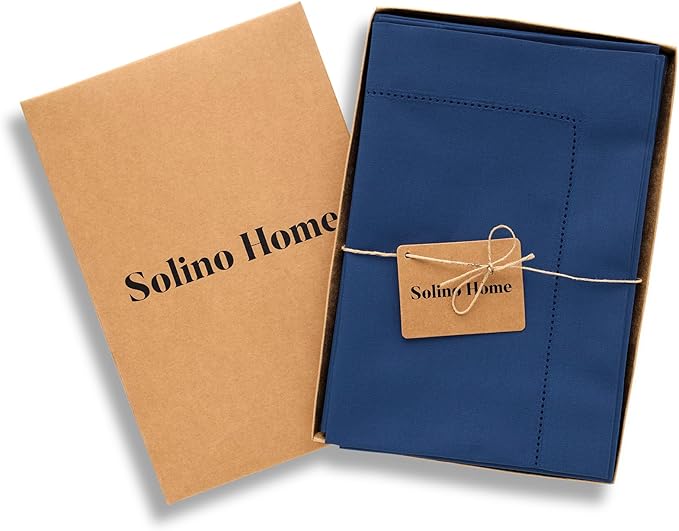 Solino Home Cotton Linen Napkins Set of 4 - Hemstitch Lapis Blue Dinner Napkins Cloth 20 x 20 Inch for Winter - Handcrafted and Machine Washable