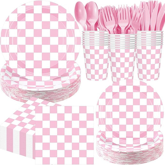 Pickmesh 400 Pcs Pink and White Checkered Party Decorations Set Light Pink Gingham Disposable Paper Plates Napkins Cups Cutlery Plaid Party Decorations for Baby Shower Wedding Birthday Serve 50