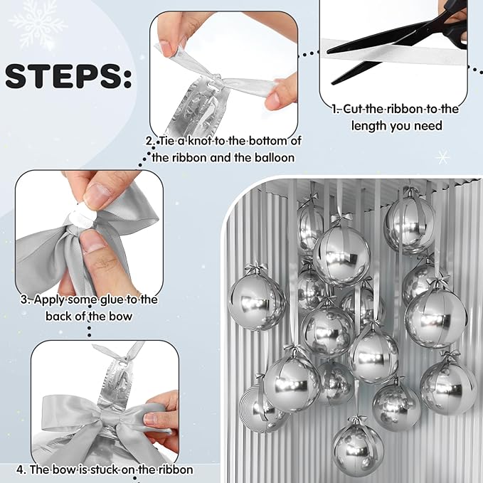Jenaai 30 Set Round Foil Balloons Bulk 22 Inch 4d Metallic Giant Balloons Set with Satin Bows Ribbon for Ceiling Holiday Ornaments New Year Birthday Wedding Party Decoration(Silver)