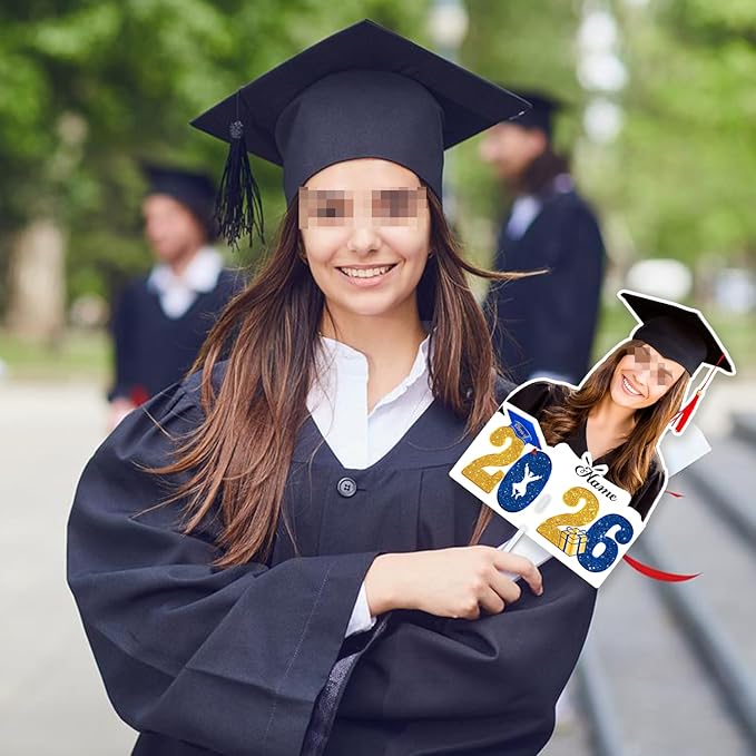 Personalized Graduation Face Fan 2026 Grade Custom Double Sided Face Cutout Fan with Handle Photo Booth Prop Party Supplies(B-Blue and Gold,12pcs)