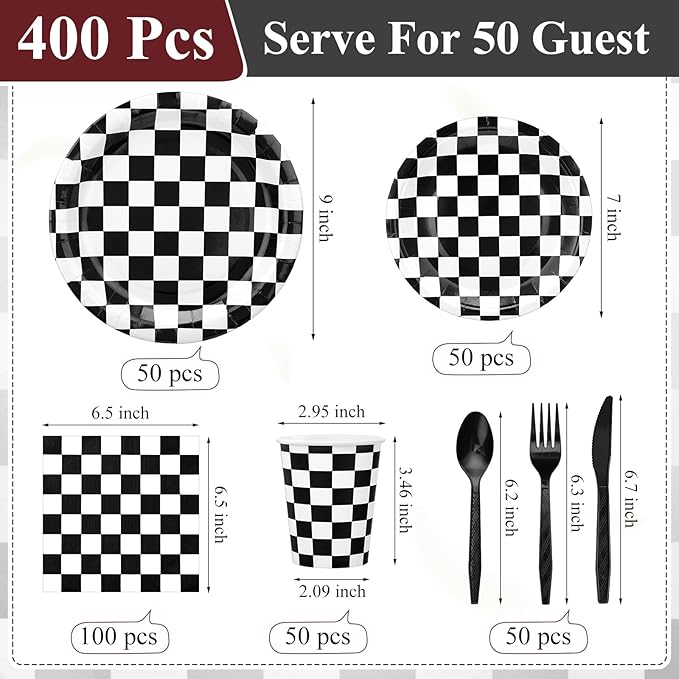 Pickmesh 400 Pcs Race Car Birthday Party Supplies Include Black White Checkered Disposable Paper Plates Napkins Cups Cutlery for Sport Race Car Birthday Party Decorations Serve 50