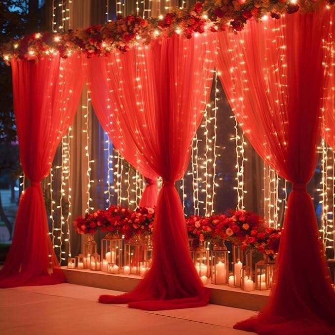 10ft x 10ft Red Backdrop Curtain with Lights String for Parties, Sheer Tulle Wedding Photo Backdrops Drapes for Baby Shower Birthday Party Decorations Background for Photography