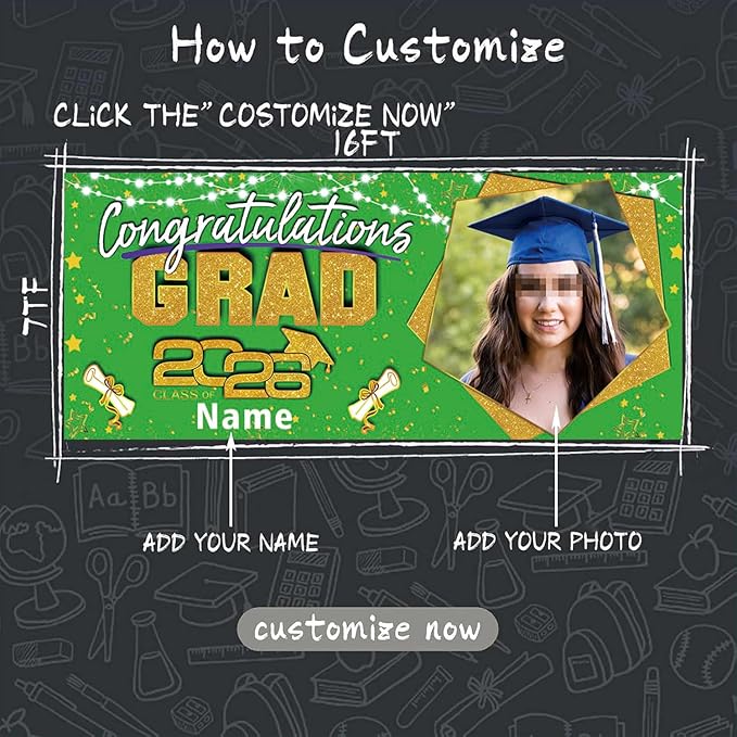 Custom Garaduation Garage Door Banner Cover 16 x 7 ft Class of 2026 Congrats Grad Party Backdrop Personalized Graduation Decoration(Green and Gold)
