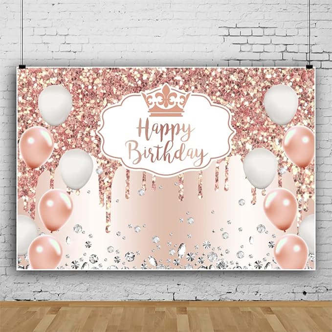 OERJU Rose Gold Birthday Backdrop Pink Glitter Sequin Diamonds Happy Birthday Backdrop for Women Girls Sweet 16 18th 21st 30th Birthday Party Decorations Background Cake Table Banner 10x6.5ft