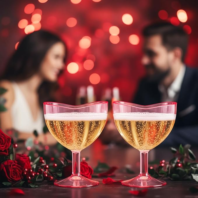 Valentine's Day Pink Couple Glasses Set of 2, Mr and Mrs Champagne Flutes Gift 10 oz Heart Shaped Romantic Martini Glasses Bride and Groom Champagne Flutes Toasting Cups Wedding Party Supply