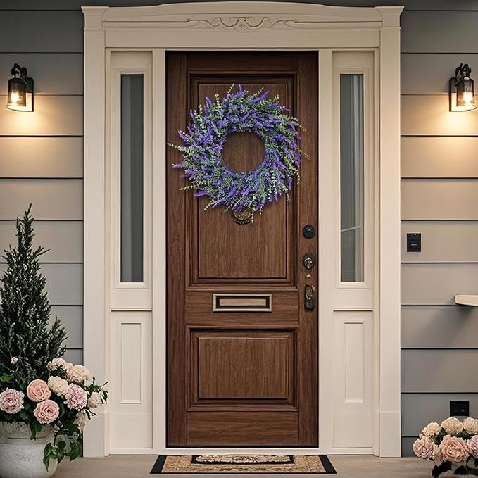 26'' Large Eucalyptus and Lavender Wreath for Front Door, Porch, Window- Artificial Eucalyptus Leaves with Lavender Wreath for Home, Farmhouse Wall Decor- Spring, Summer, Fall, All Seasons (Purple)