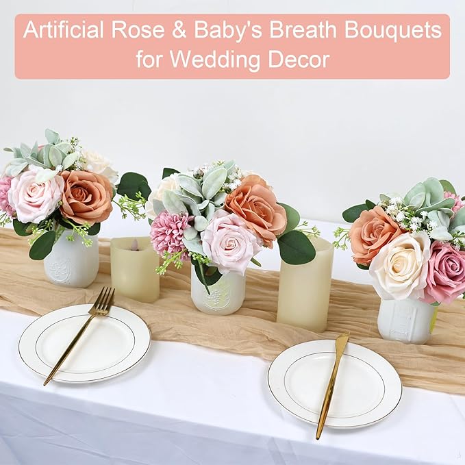 Bridesmaid Bouquets Set of 6 - Blush & Pink Artificial Flowers Bouquet for Bridesmaids Wedding Small Floral Centerpieces for Marriage Proposal Party Anniversary Dining Table Decor -7 Inch