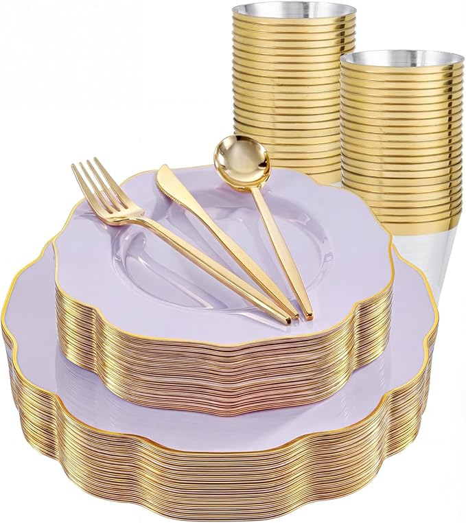 bUCLA 180PCS Purple Plastic Plates - Disposable Purple with Gold Rim, Include 30 Each (Dinner & Salad) Plates, 30 Knives, 30 Forks, 30 Spoons, 30Cups for Party & Birthday