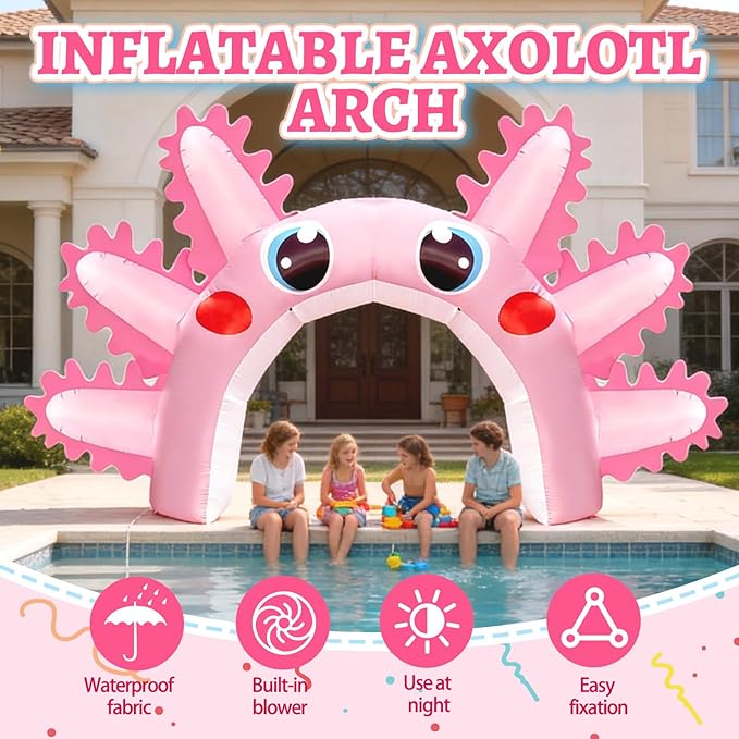 Eyourlife 16 FT Axolotl Inflatable Arch, Giant Pink Axolotl Birthday Party Decoration, Blow-Up Axolotl with 1 Blowers 3 Banners for Summer Beach Pool Party Supplies Animal Protection Activities