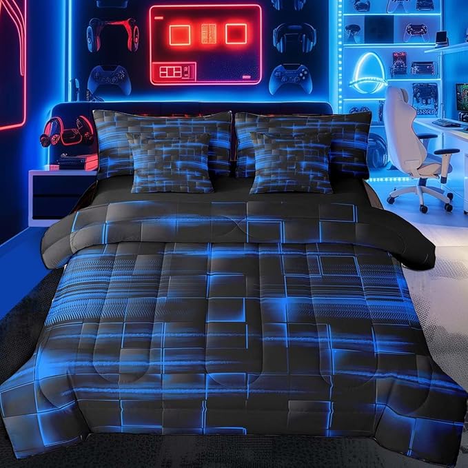 Feelyou Blue Black Bedding Set Twin Size Boys Girls Geometric Strip Lines Comforter Set with Sheets 7 Piece forBed in a Bag Abstract Modern Bed Set with Comforter,Sheets,Pillowcases