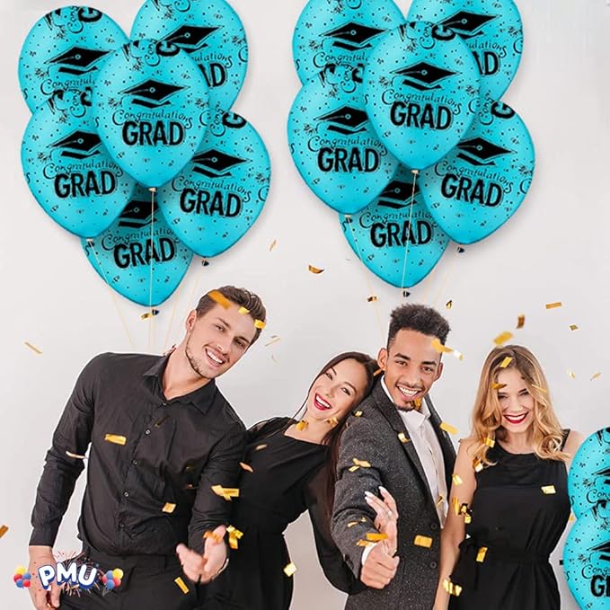 PMU 100 Pcs Turquoise Graduation Balloons Class of 2025 with All-Over Print White Grad Caps-Confetti and Streamers | Graduation Party Supplies | Congratulations Grad Latex Balloons Latex