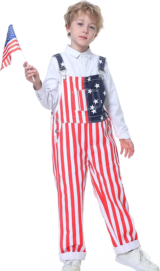 Boys American Overalls Adjustable Straps 4th of July Girls Romper Usa Flag Bibs 6-12 years kids Patriotic Jumpsuit