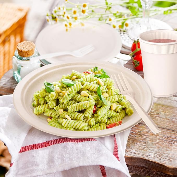 Gezond 400pcs Compostable Paper Plates Set Eco-friendly Heavy-duty Disposable Paper Plates Cutlery Includes Biodegradable Plate, Forks, Knives, Spoons, Cups and Straws for Wedding Party