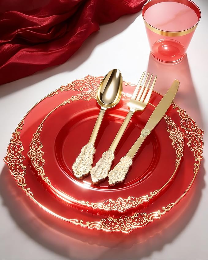 Goodluck 350 Piece Red Dinnerware Set for 50 Guests, Fancy Disposable Plates, Include: 100 Red Rim Plastic Plates, 150 Silverwares, 50 Pre Rolled Napkins, 50 Cups for Party, Wedding