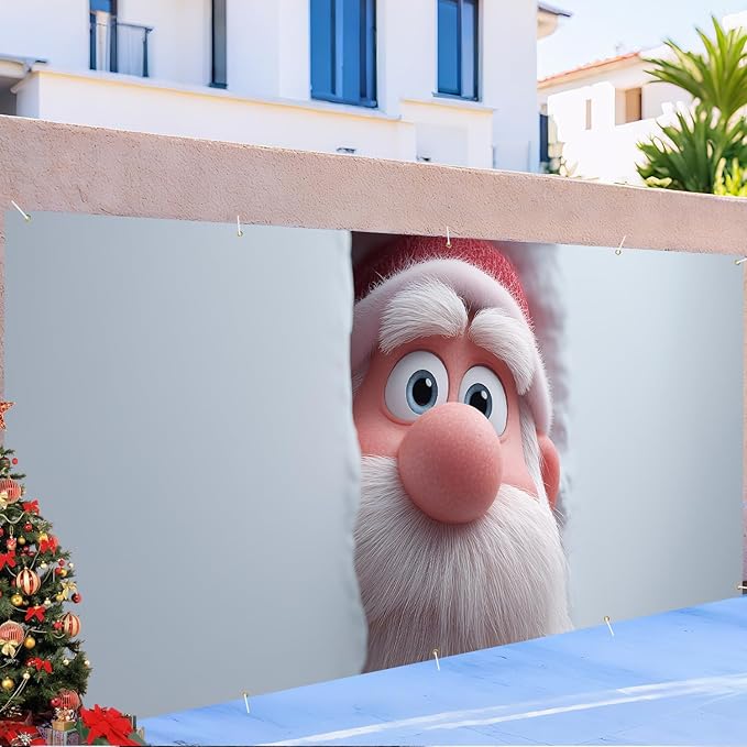Christmas Garage Door Banner 7x16FT, Santa Claus Peeking Through Wall, Large Outdoor Xmas Garage Door Cover, Decoration for Driveways, Holiday Parties and Winter Wonderland