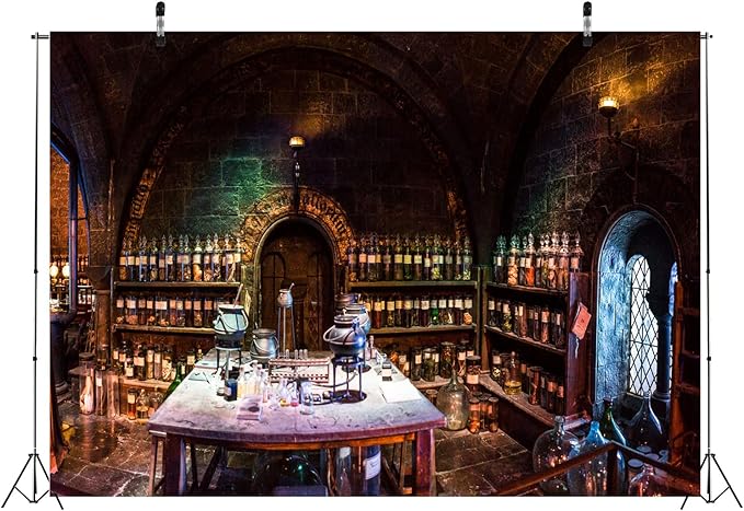 BELECO 10x6.5ft Fabric Vintage Chemistry Lab Backdrop Magic School Laboratory Potions Classroom Background Spooky Witch's Room Halloween Party Decorations Mad Scientist Lab Party Banner Photo Props