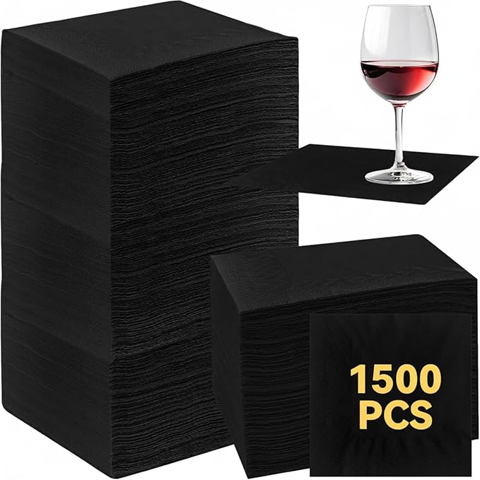 Henoyso 1500 Pack 2 Ply Black Cocktail Napkins Bulk 9.8'' x 9.8'' Disposable Bamboo Dinner Beverage Paper Napkins for Wedding Bar Party Birthday Cocktail Holiday Elegant Restaurant Event