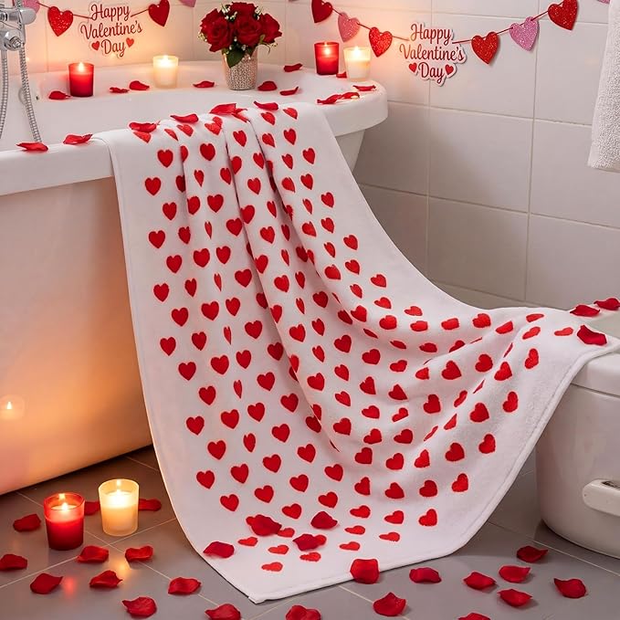 Frienda 2 Pcs Valentine Hearts Cotton Bath Towels Gift Set 55 x 28 Inch Galentine Decoration Red Pink Hearts Soft Cotton Bath Towels for Valentine Gifts Home Travel Swim Bathroom Shower Supplies(Red)