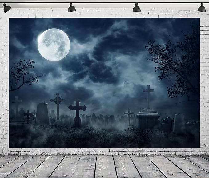 BELECO 9x6ft Fabric Halloween Cemetery Zombies Photography Backdrop Scary Graveyard Spooky Dark Night Full Moon Background Zombie Party Decorations Horror Hallowmas Kids Adults Photo Booth Props