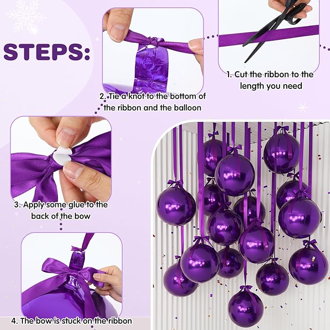 Jenaai 30 Set Round Foil Balloons Bulk 22 Inch 4d Metallic Giant Balloons Set with Satin Bows Ribbon for Ceiling Holiday Ornaments New Year Birthday Wedding Party Decoration(Purple)