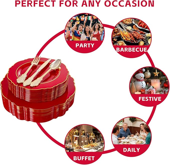 Liacere 175PCS Red Plastic Plates - Red Disposable Plates With Gold Rim -25Guest Baroque Plastic Dinnerware include 50Plates-25Pack Pre Rolled Napkins with Silverware 25Cups for Valentine's Day