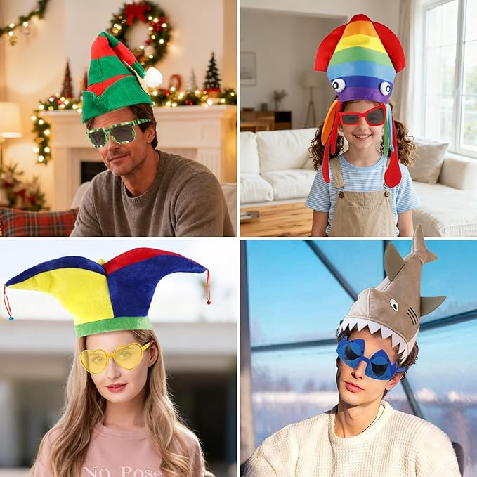 18 PCS Novelty Party Hats and Funny Glasses Pack for Photo Booth Props, 9 Assorted Funny Hats, 9 Fun Sunglasses Props, Crazy Party Hat, Fun Costume Hat Glasses Accessories for Adults