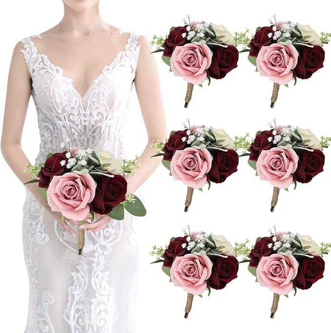 Set of 6 Artificial Bridesmaids Bouquets for Wedding -7 Inch Bridesmaid Bouquet Blush & Burgundy Silk Rose Pre-made Small Wedding Flowers for Bridal Shower Centerpieces Ceremony & Anniversary