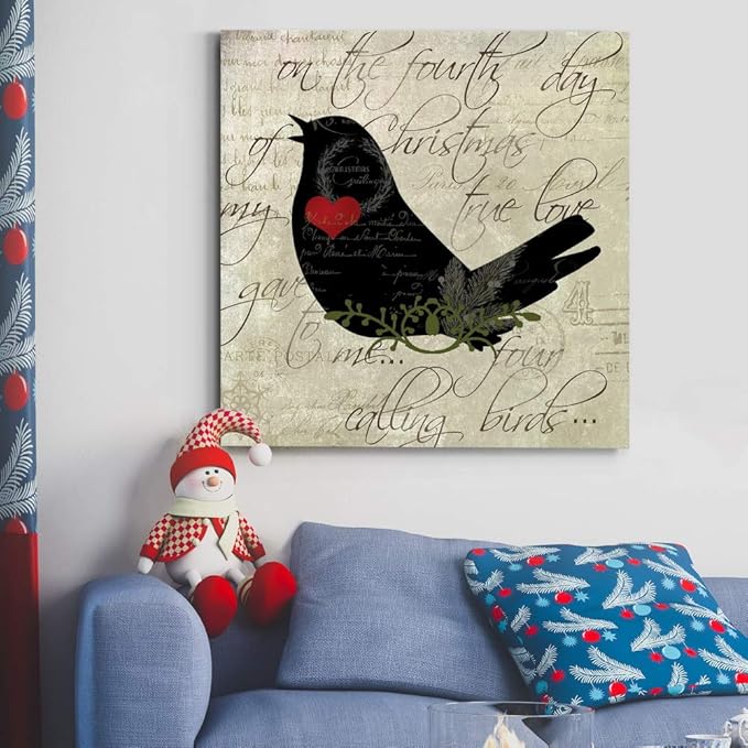 Renditions Gallery Twelve Days of Christmas Wall Art, Four Calling Birds, Cute Winter Artwork, Holiday Song Decor, Premium Gallery Wrapped Canvas, Ready to Hang, 32 in H x 32 in W, Made in America