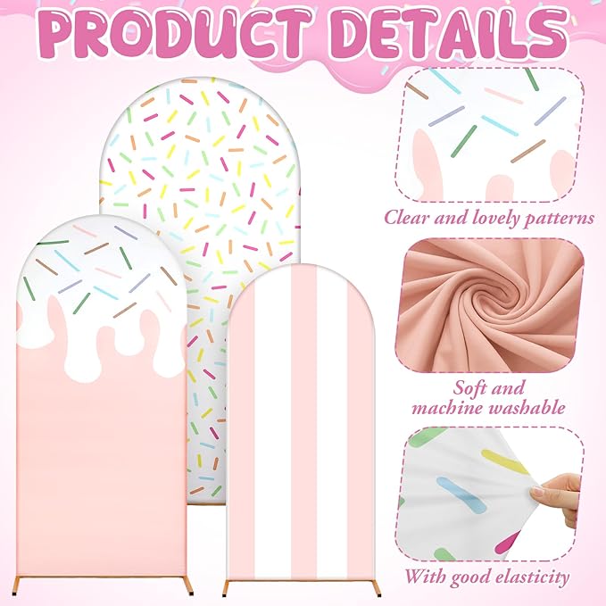 34 Pcs Sweet One Birthday Decorations Pastel Donut Ice Cream Balloon Arch Backdrop Covers Pastel Spandex Arch Backdrop Cover with Ice Cream Foil Donut Balloons for Sweet Birthday Party
