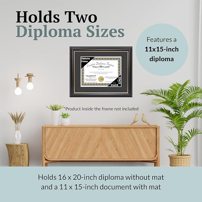 Creative Picture Frames 11" x 15" Rockefeller Black with Gold Rim Diploma Frame, Displays 11" x 15" Certificate or 16" x 20" Document without Mat, College Degree Frame, Full-Strength Glass, Black Mat