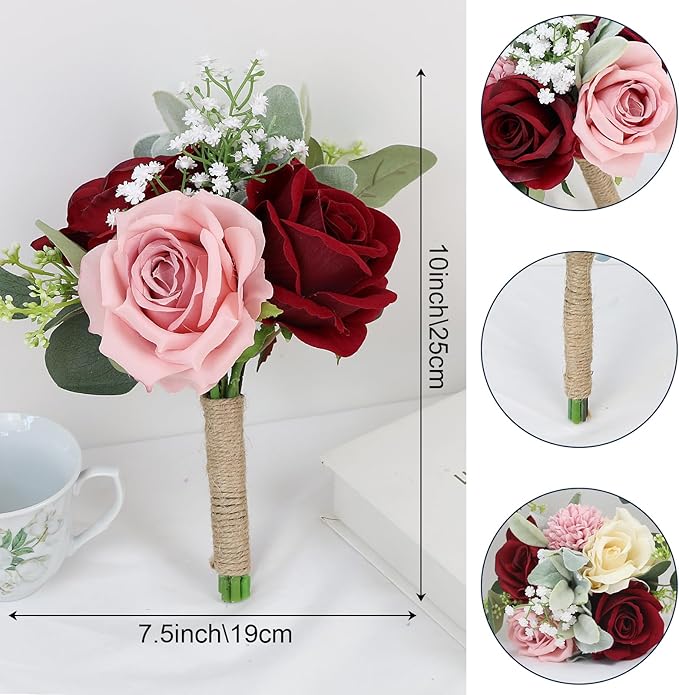 Set of 4 Artificial Bridesmaid Bouquets Blush & Burgundy -7 Inch Silk Rose Wedding Flower Bouquets for Bridesmaid Holding Flowers , Bridal Shower, Wedding Centerpiece Ceremony and Anniversary