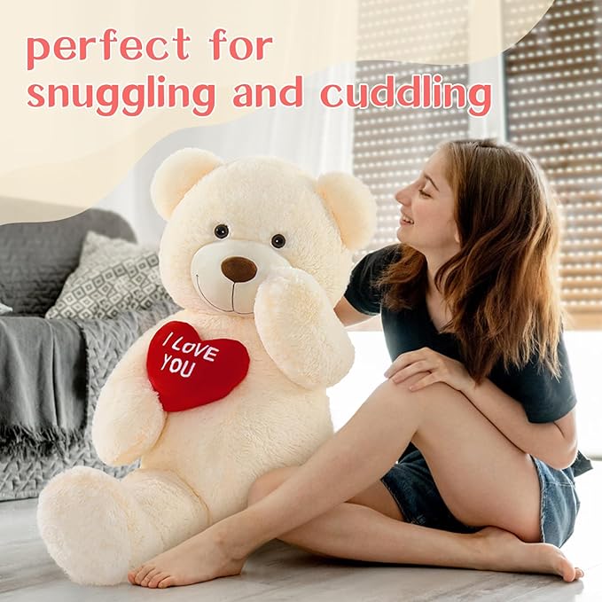 Big Teddy Bears, Giant White Teddy Bear Stuffed Animals with Embroidered I Love You for Girlfriend, Red Heart Fluffy Teddy Bear Birthday Gifts 36 inches