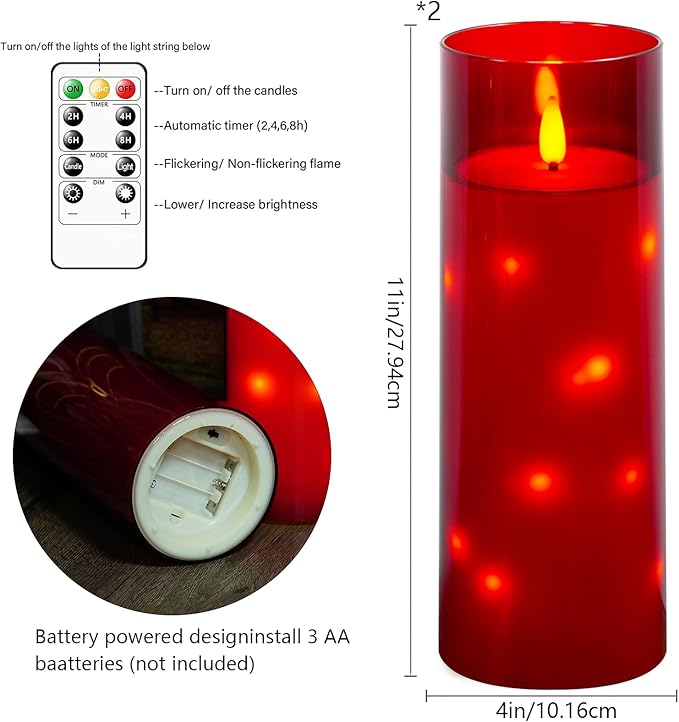 Waterproof Outdoor Candles with Timer & Remote - Battery Operated LED Candles, Realistic Flameless Plastic Pillar, Pack of 2 (4" D x 11" H, Red) for Patio, Garden Camping Rainy Weather
