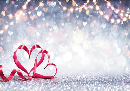 Laeacco 9x6ft Valentine's Day Backdrops Glitter Lights Red Ribbons Love Heart Bokeh Photography Background Wedding Anniversary Bridal Shower Party Decoration Supplies Banner Studio Photo Props